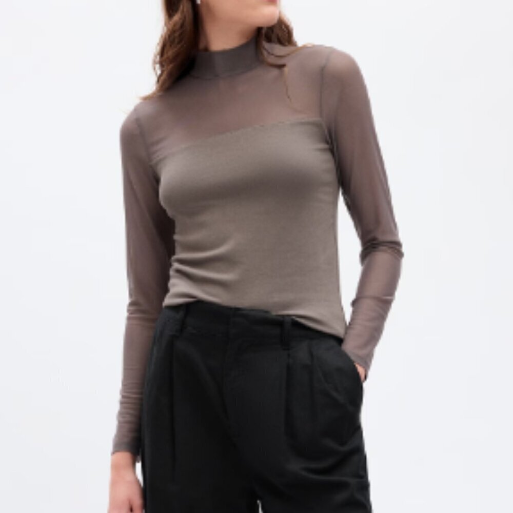 Gap Modern Mockneck Mesh Cashmere Brown Long Sleeve T-Shirt Size Medium